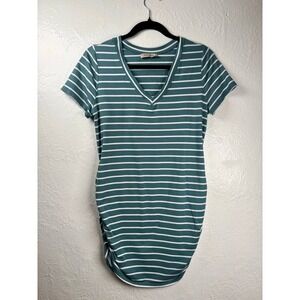 Full Moon Maternity Teal White Striped Ruched Side Top Medium Coastal Preppy